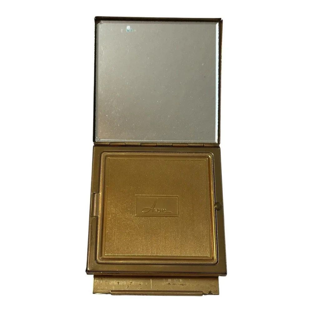 Vintage Avon Gold Tone Powder Compact Mirror w Puff Art Deco Style Vanity